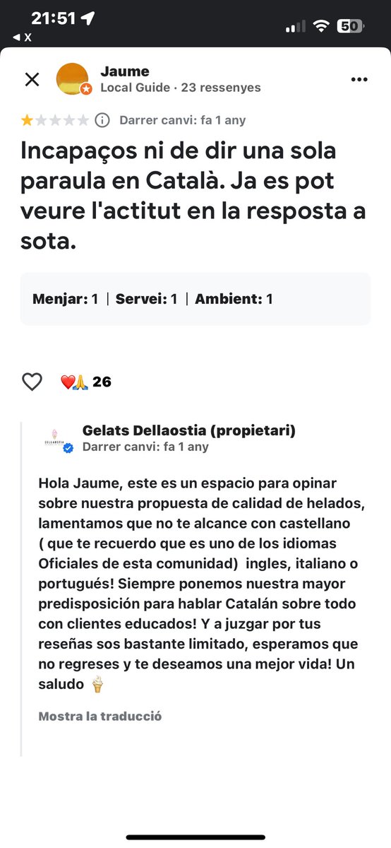 econacionalista's tweet photo. Les respostes de l’amo de la gelateria DeLlaostia no s’haurien d’esborrar tan fàcilment.

El record d’aquesta manipulació hauria de quedar visible, fins i tot a la persiana baixada, com a exercici de consciència col·lectiva. @Nosaltres_Sols_ https://t.co/n0icDUWAS2