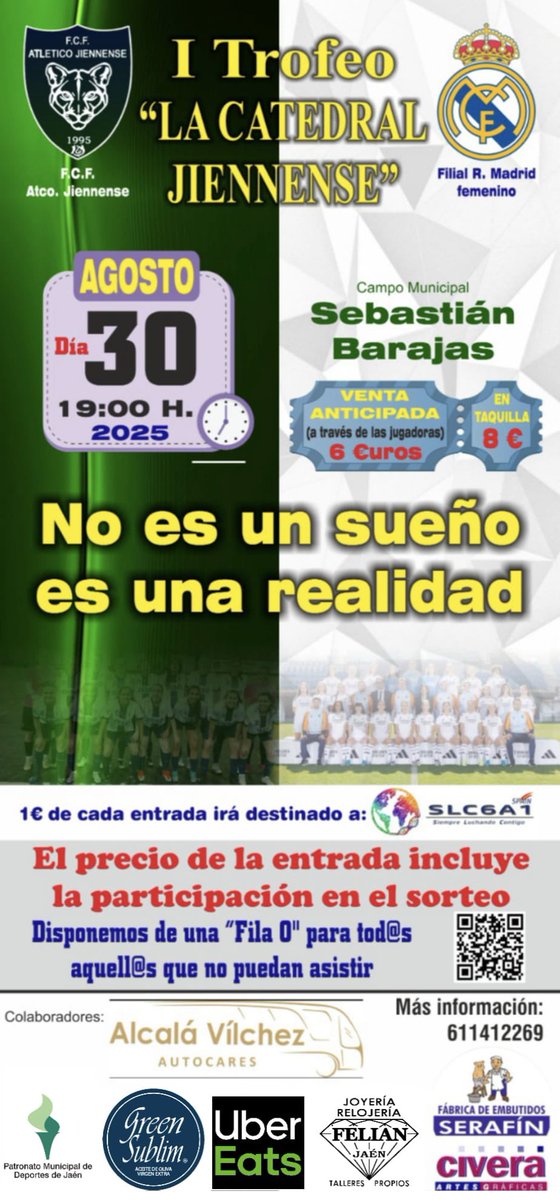 🏆 I TROFEO LA CATEDRAL 

El FCF Atlético Jiennense y el Real Madrid CF jugarán a favor de la asociación SLC6A1 💜 en una cita que busca fomentar el fútbol femenino y promocionar el patrimonio arquitectónico e histórico de Jaén ⚽️ 🏰 

Será el 30 de agosto en el Sebastián Barajas