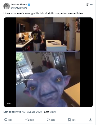 ytrending_xyz's tweet image. Why $MERVIN is Trending 🔥  Mcap:900K
Ca: bS3Y8KCfYmMC93sSc4qQMivQzTu48qnZqjuYbUopump 🔍 

Justine Moore ( @venturetwins ) , a well-known AI investor and partner at a16z AI, posted a positive tweet about a viral AI companion named #Mervin created by Mackfalcon in VR .  
Dyor