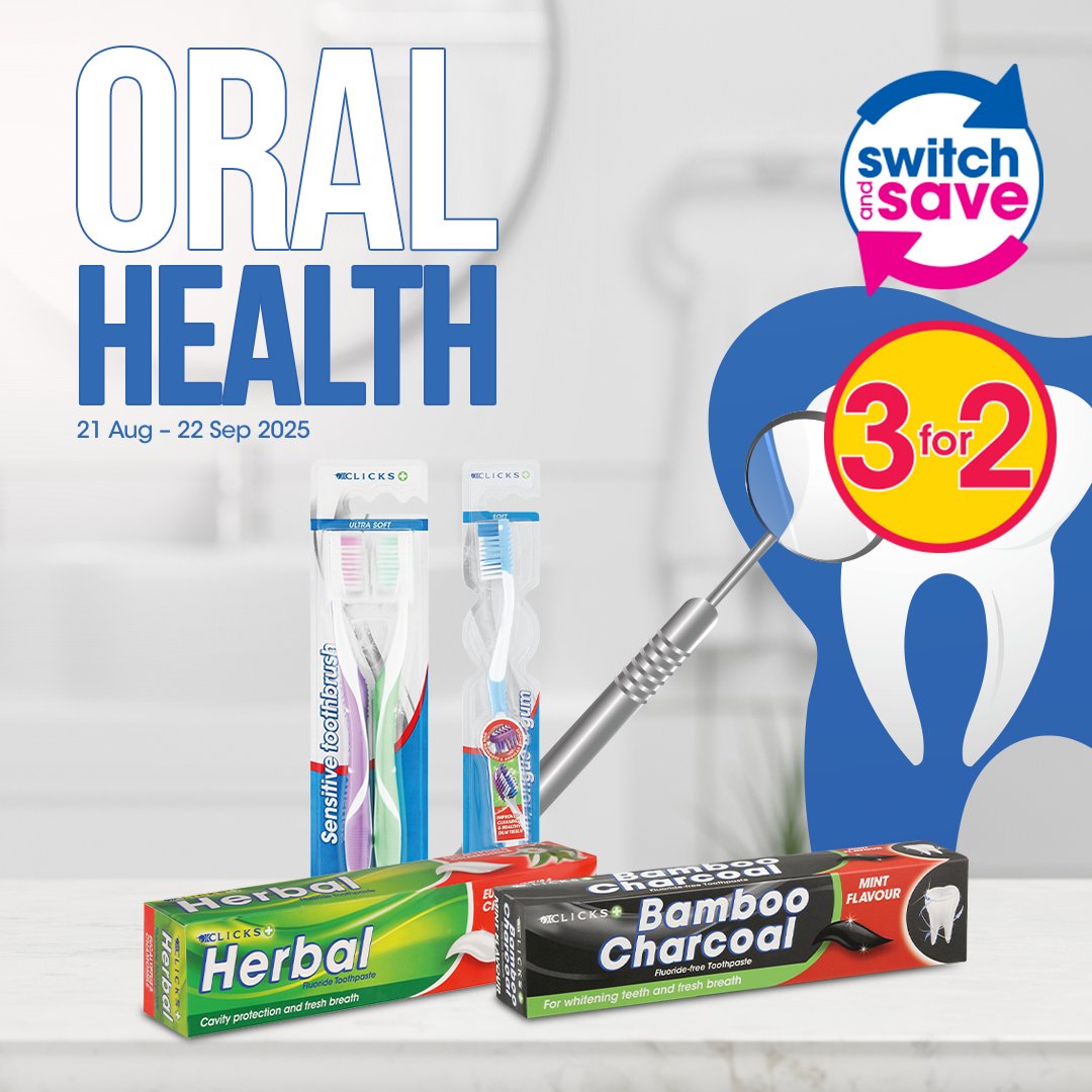 Clicks_SA's tweet image. From your daily brush to specialised denture care, stock up on quality essentials that protect your smile – and your budget.

Shop in store, online, and on the app. -&amp;gt; bit.ly/479ZCIv

Because good habits should always be this rewarding. 😁

#OralHealth #SwitchAndSave