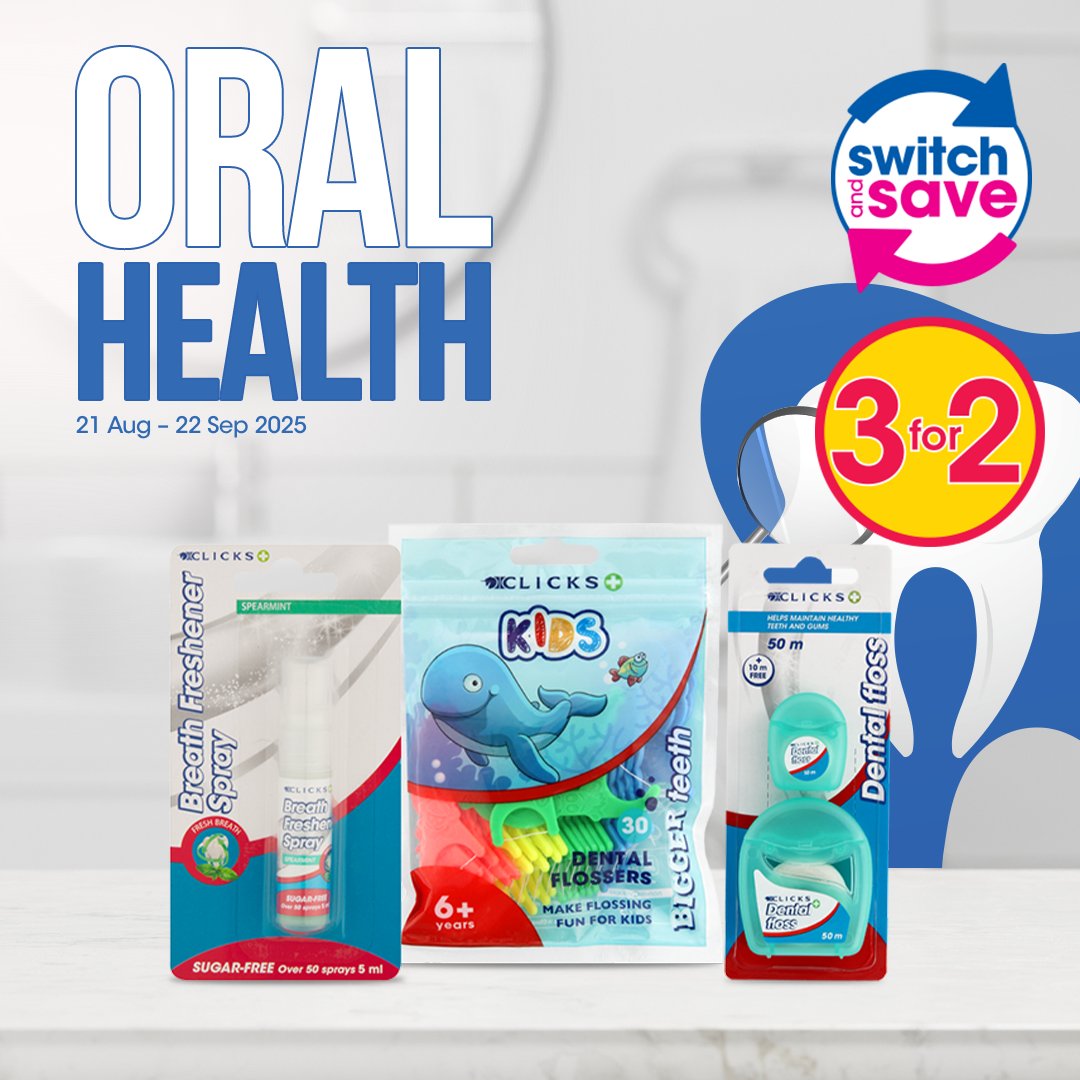 Clicks_SA's tweet image. From your daily brush to specialised denture care, stock up on quality essentials that protect your smile – and your budget.

Shop in store, online, and on the app. -&amp;gt; bit.ly/479ZCIv

Because good habits should always be this rewarding. 😁

#OralHealth #SwitchAndSave