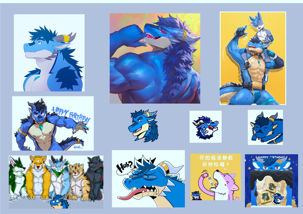 我把大家畫給我的生日圖放在一起了🥰
左上到右下，皮皮、虎哲委Kult、阿澤、子將、塔吉、海岩、官德、刺刺、竹本、魯味、桴洛森
The artist list goes from the top left to the bottom right, PeaPea、Kult、KTorazi 、KUMAK、Takikaze、SeaStone 、Guande 、Bristles、Takemoto、Luewi 、Foresen.