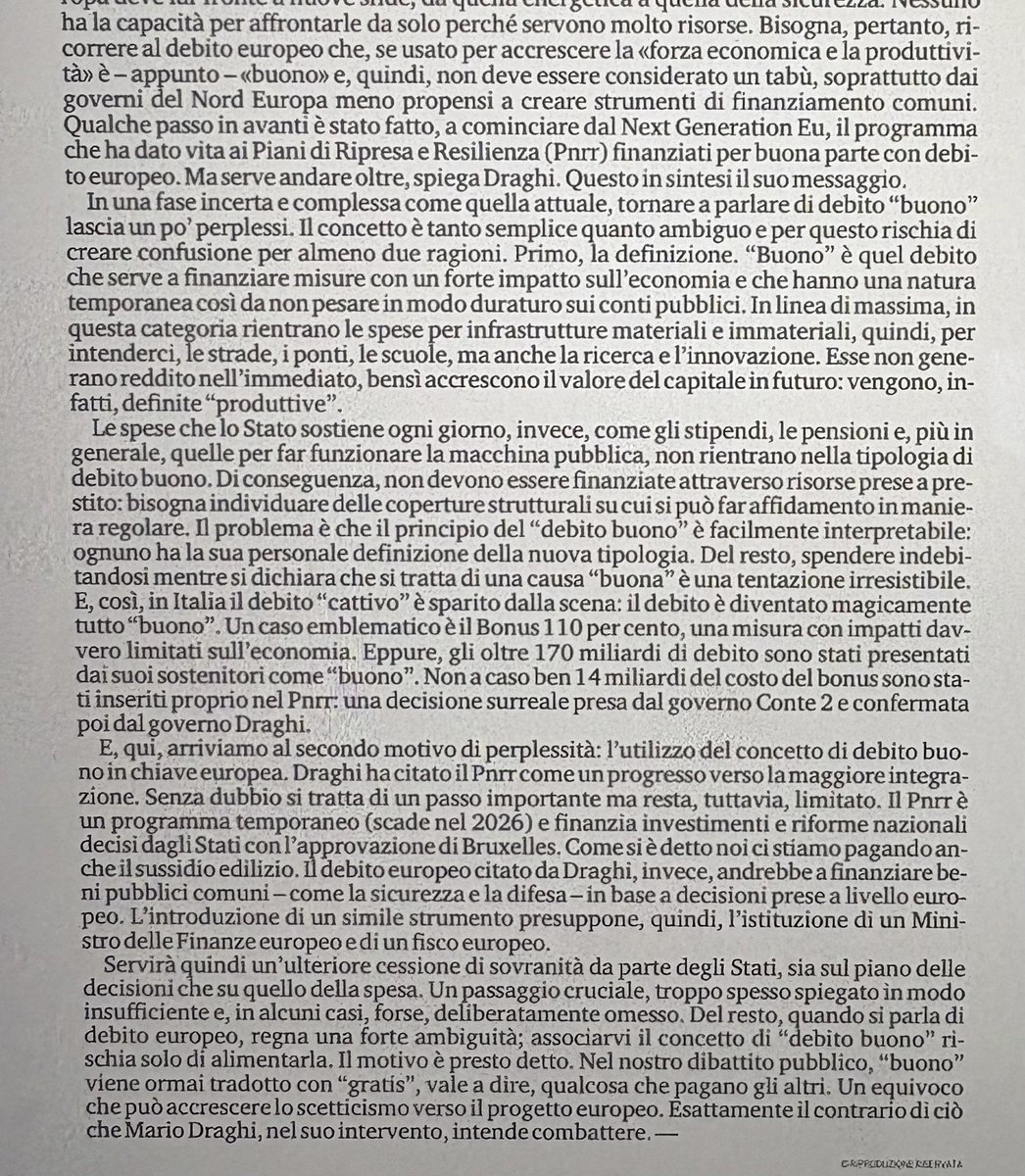 Mio art <a href="/LaStampa/">La Stampa</a> 
Draghi: “in Europa serve debito buono”
Sorprende che si torni a parlare di debito buono 
Un concetto ambiguo perché tutto il debito diventa magicamente “buono”
In più se associato al debito europeo rischia di far passare l’idea che sia  “gratis”