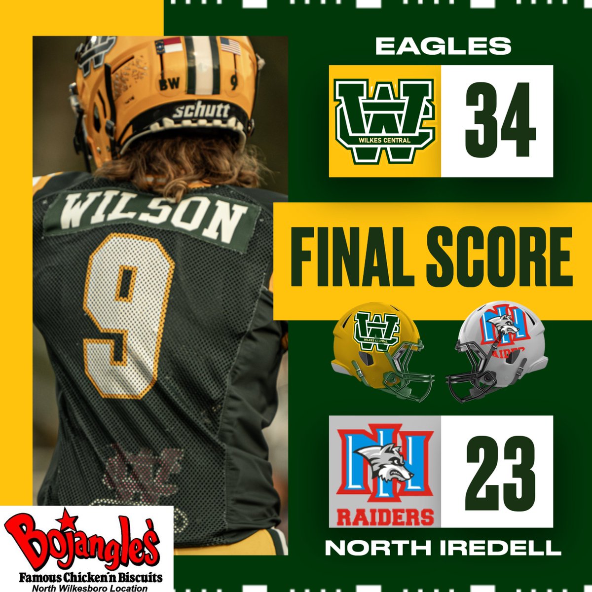 The Eagles battled back from a 0-23 halftime deficit to score 34 unanswered points and beat North Iredell 34-23! We cannot be prouder of the way this team fought and persevered. Only the beginning for this bunch, much more to come.