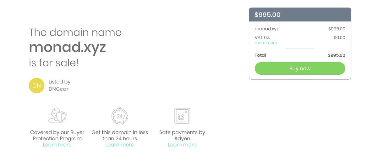 The domain name "monad.xyz" was listed for sale.

As the title says, on March 16, 2018, the domain monad.xyz was listed for sale at $995 by DNGear

A small piece of history back when <a href="/monad/">Monad ⨀</a> was just a domain on the market, and not yet the L1 blockchain