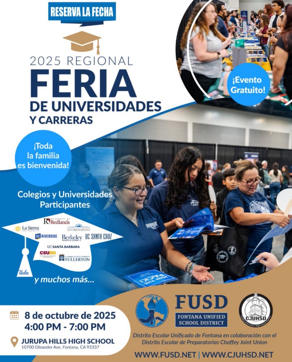 FontanaLearning's tweet photo. Free College and Career Fair on October 8! All @FontanaUnified students and families welcome! 🎓🎉❤️🤓 https://t.co/y2rIXbwaTa