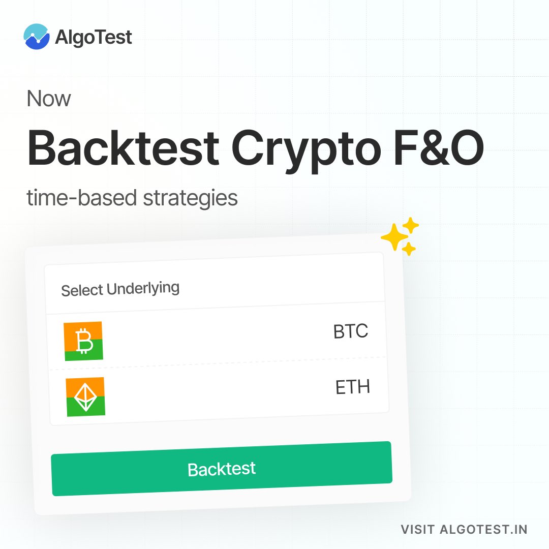 Backtest Crypto F&O strategies on AlgoTest! Now, you can backtest  time-based strategies like Strangle, Straddle & more on AlgoTest. - Choose  BTC or ETH contracts - Validate your strategies before going live