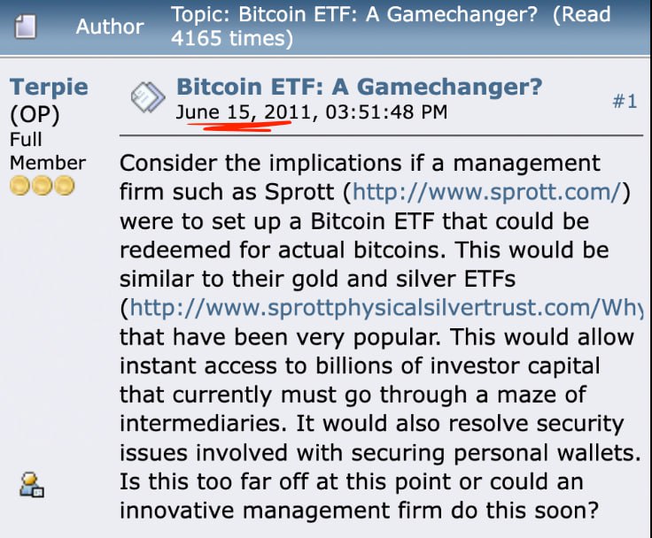 12 years ago, a legend predicted the approval of a #Bitcoin ETF when the price was only $20 🤯