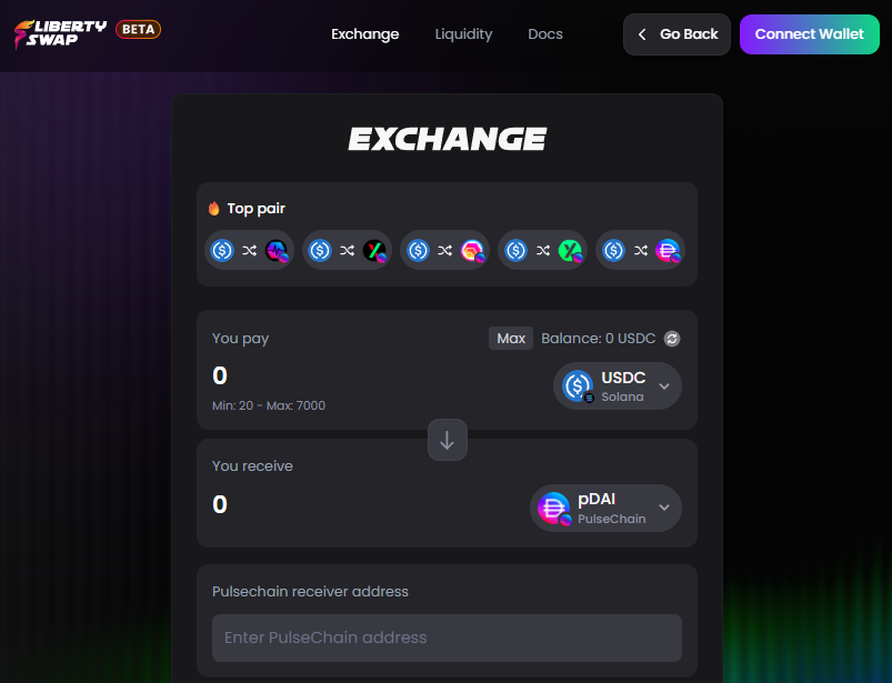 DuRtY_Crypto's tweet image. PulseChain. Breaking News! Liberty Swap has officially enabled Solana -&amp;gt; PulseChain Bridge.

Solana bros are able to purchase PLS, PLSX, HEX, pDAI, and Memes!

The flood gates have opened!