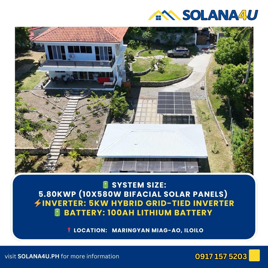 solana4uph's tweet photo. ☀️ Powering Up with Solar! ⚡
We’ve just completed the installation of 10×580W Bifacial Solar Panels with a 5kW Hybrid Grid-Tie Inverter and a 100Ah Lithium Battery for Mr/Mrs Dimond in Maringyan, Miag-ao, Iloilo. 🌞 https://t.co/NxVoFhOyqI