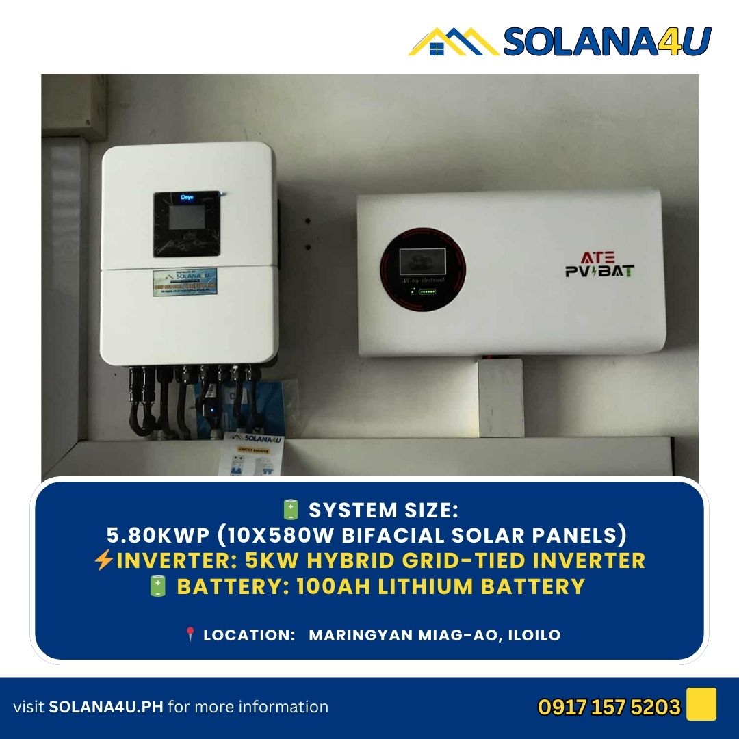 solana4uph's tweet photo. ☀️ Powering Up with Solar! ⚡
We’ve just completed the installation of 10×580W Bifacial Solar Panels with a 5kW Hybrid Grid-Tie Inverter and a 100Ah Lithium Battery for Mr/Mrs Dimond in Maringyan, Miag-ao, Iloilo. 🌞 https://t.co/NxVoFhOyqI