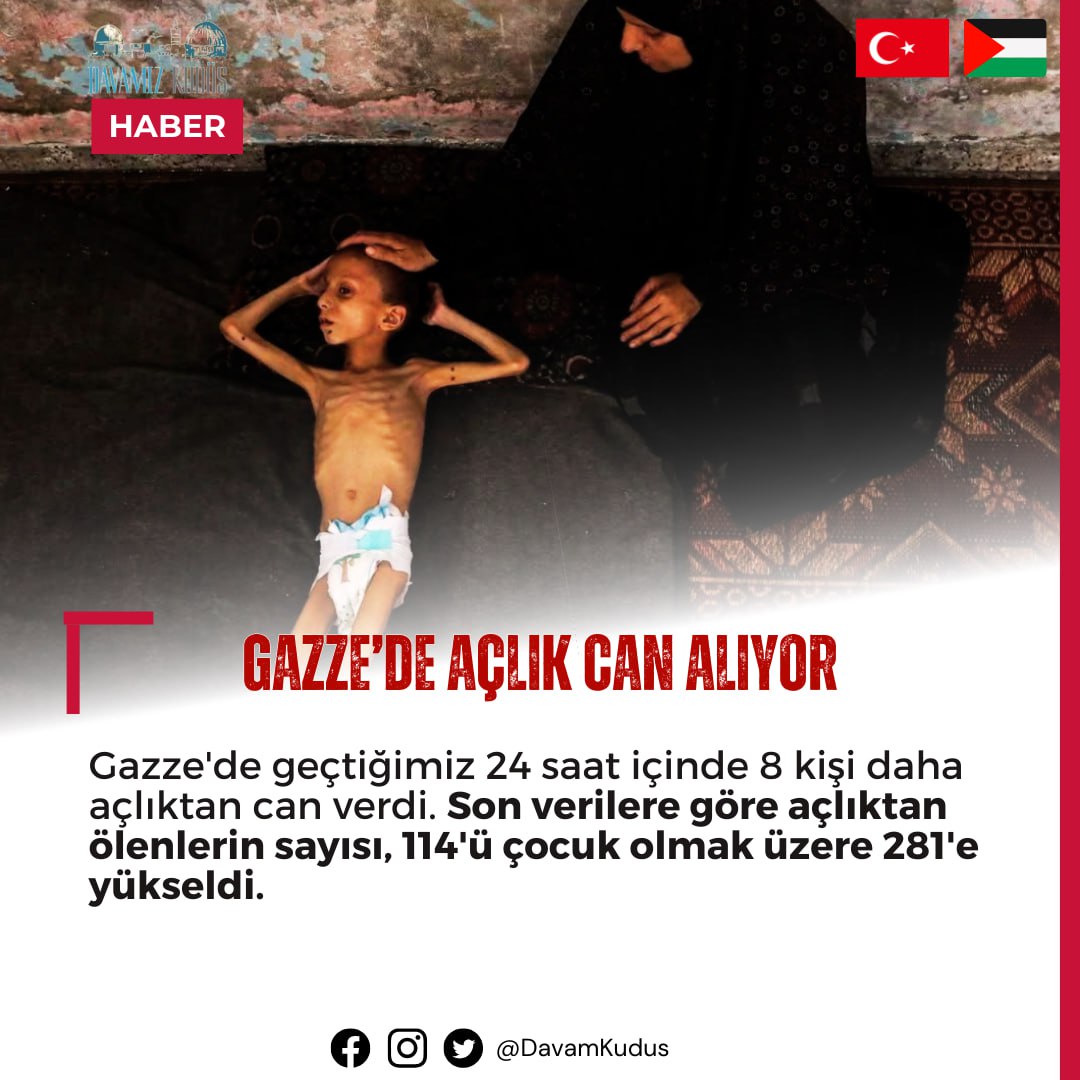 Gazze'de geçtiğimiz 24 saat içinde 8 kişi daha açlıktan can verdi. 
Son verilere göre açlıktan ölenlerin sayısı, 114'ü çocuk olmak üzere toplam 281'e yükseldi.