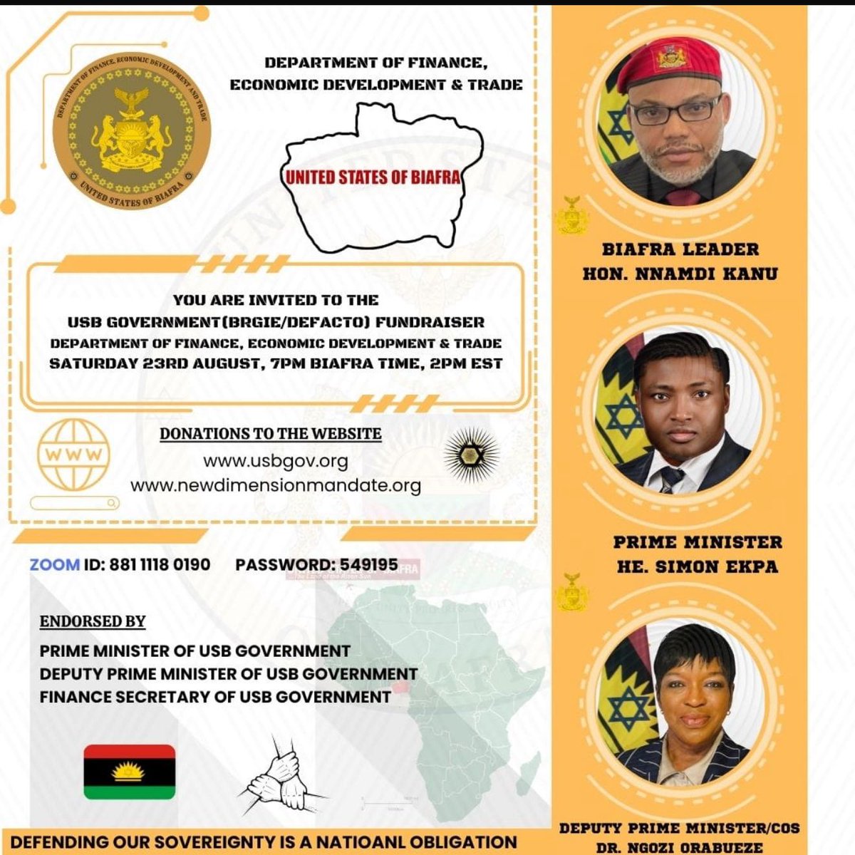 JohnC74363082's tweet photo. Your contribution will help build a brighter future for the Sovereign Nation of Biafra. When: Today!
Where: Join us on Zoom
Link: https://t.co/hzjzJW6U1F
Meeting ID: 848 4647 4120
Passcode: 989561 Letβs come together to make a difference! #EjemmaDay #SupportUSBG https://t.co/3GDKpfwVEY