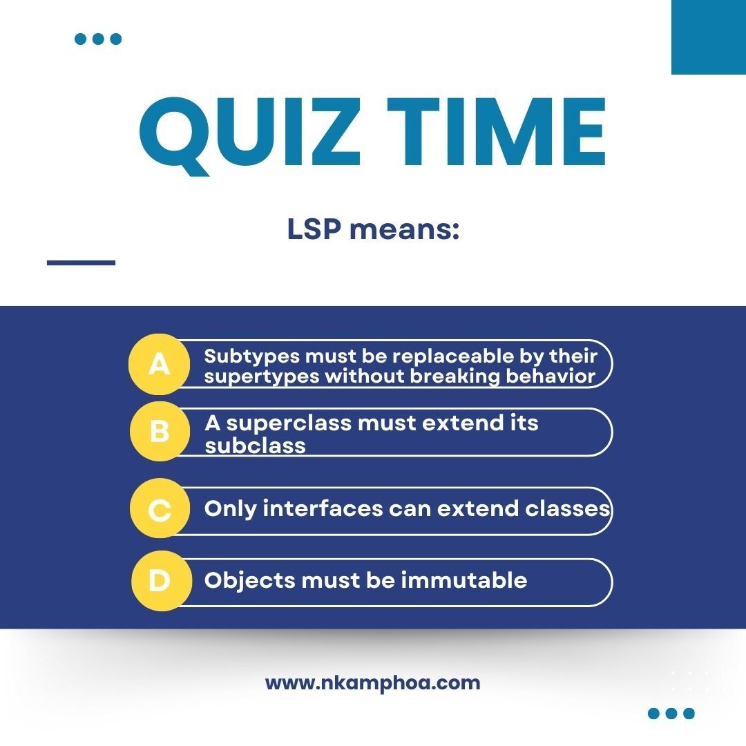 nkamphoa's tweet image. Answer in the comments. Full details in the article👉 #JavaQuiz #InterviewPrep #BackEnd
nkamphoa.com/liskov-substit…