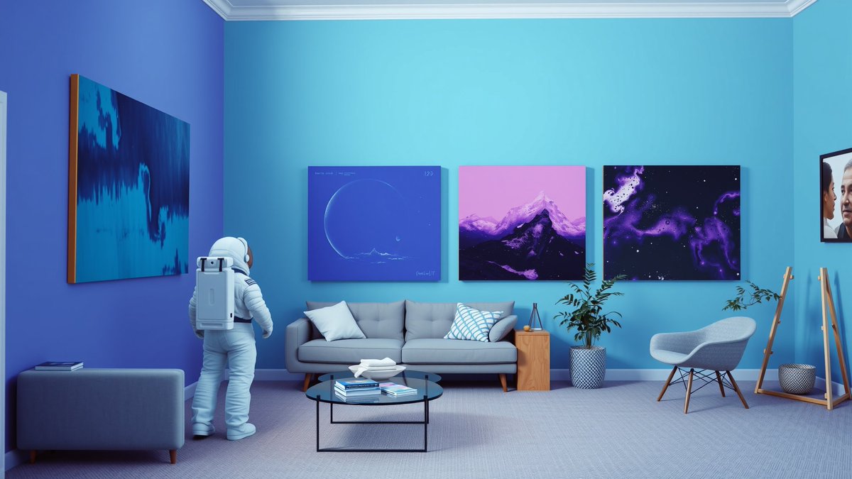 Astronaut admiring abstract art in a blue room, symbolizing exploration in crypto