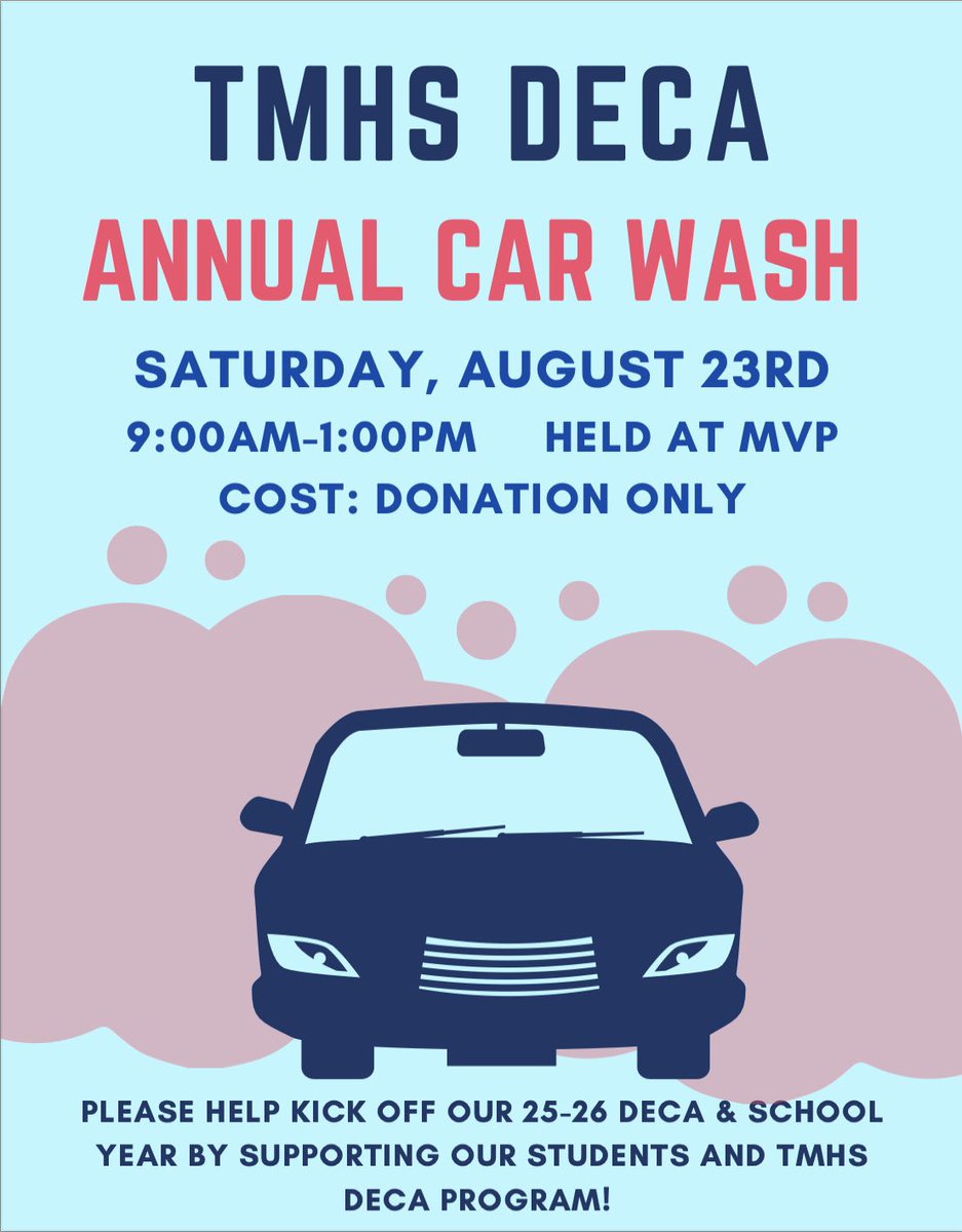 It’s going to be a beautiful day today! Lots going on around town &amp; weekend activities! Why not get your car washed, while supporting <a href="/TMHS_DECA/">Tewksbury DECA</a>! Today (Saturday, Aug. 23rd) at MVP from 9:00-1:00! Get your Back to School Car Wash! TMHS DRCA is #AllIn