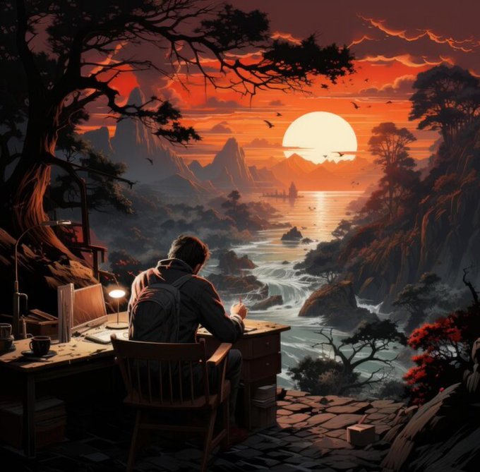 The image depicts a person sitting at a desk, painting or drawing, with a breathtaking view of a serene landscape featuring mountains, a river, and a vibrant sunset. The scene is set in a natural environment, with the person seemingly inspired by the beauty around them. The post text, a quote by Mark Twain about not arguing with fools, adds a philosophical layer, suggesting that the act of creating art in such a setting is a form of escape or reflection, avoiding the folly of unnecessary arguments.