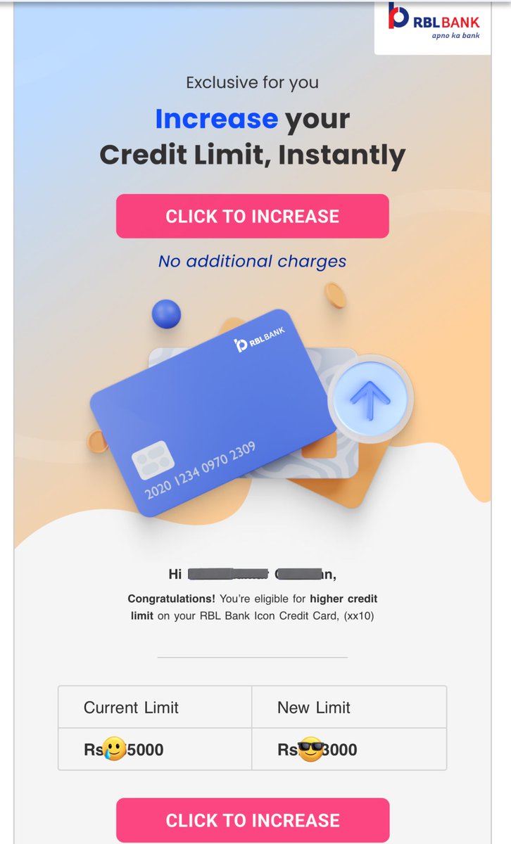 50% Credit Limit Increased for RBL Credit Card. I won’t say check your email like others because credit limit enhancement doesn’t work that way.😂

Send SMS “CLI” to 5607011 from your registered mobile number to check if you’re eligible. #ccgeek #ccgeeks