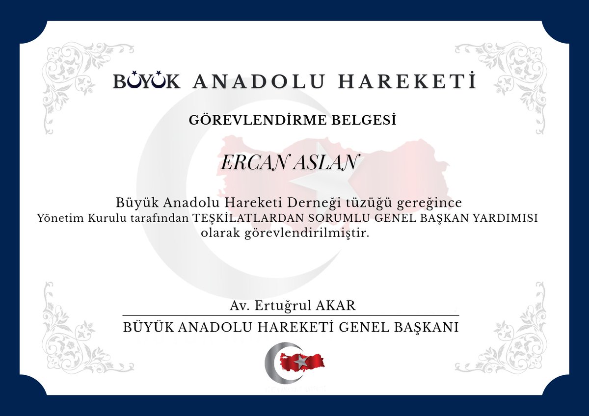 BÜYÜK ANADOLU HAREKETİ TEŞKİLATLARDAN SORUMLU GENEL BAŞKAN YARDIMCISI OLARAK SN <a href="/29ercan/">ERCAN ASLAN</a> ATANMIŞTIR .
<a href="/AkarErtugrul/">Av.Ertuğrul Akar</a>