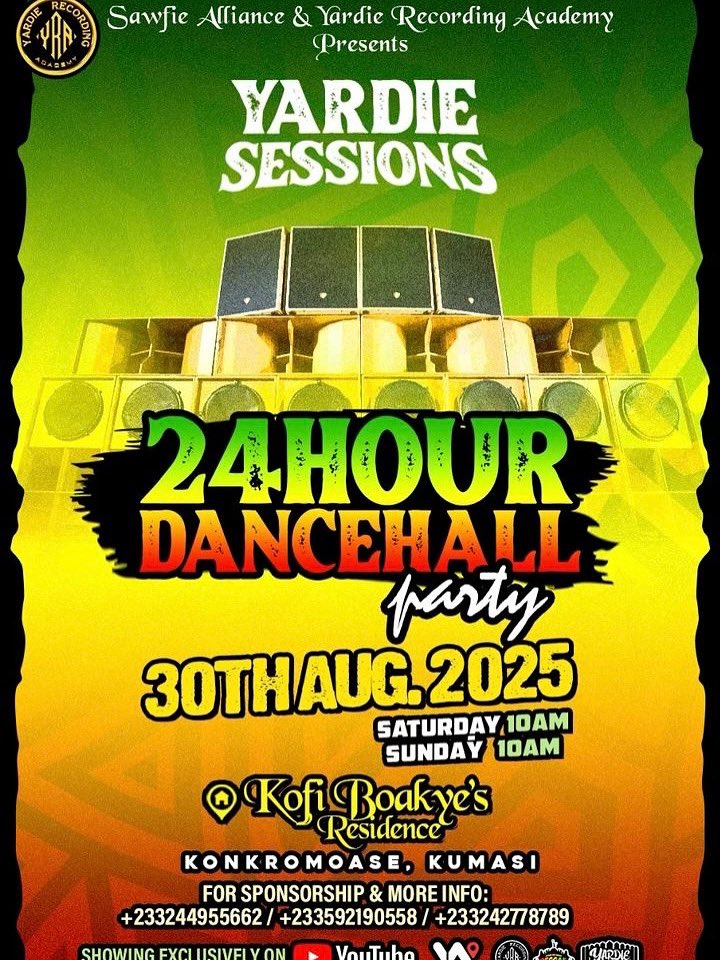💚💛🖤  Kumasi will be Live At the  24hr Dancehall Party 🎈 🎉 🎊

Brought To You By <a href="/Yardie_Sessions/">Yardie</a> 

Sat 30th August 2025

Free Gate That’s Right Free Gate 

10am 🕙 Till The Day 

📍 Kofi Boakye: Residence
KONKROMOASE, KUMASI

FOR SPONSORSHIP, &amp; MORE INFO:
+233244955662