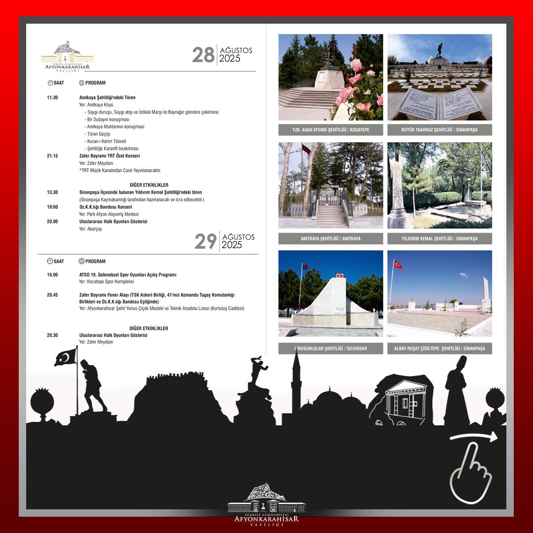 🇹🇷 Büyük Taarruz’un 103. Yılı

📅 25-30 Ağustos tarihleri arasında gerçekleştireceğimiz Zafer Haftası Etkinliklerine tüm vatandaşlarımızı davet ediyoruz.