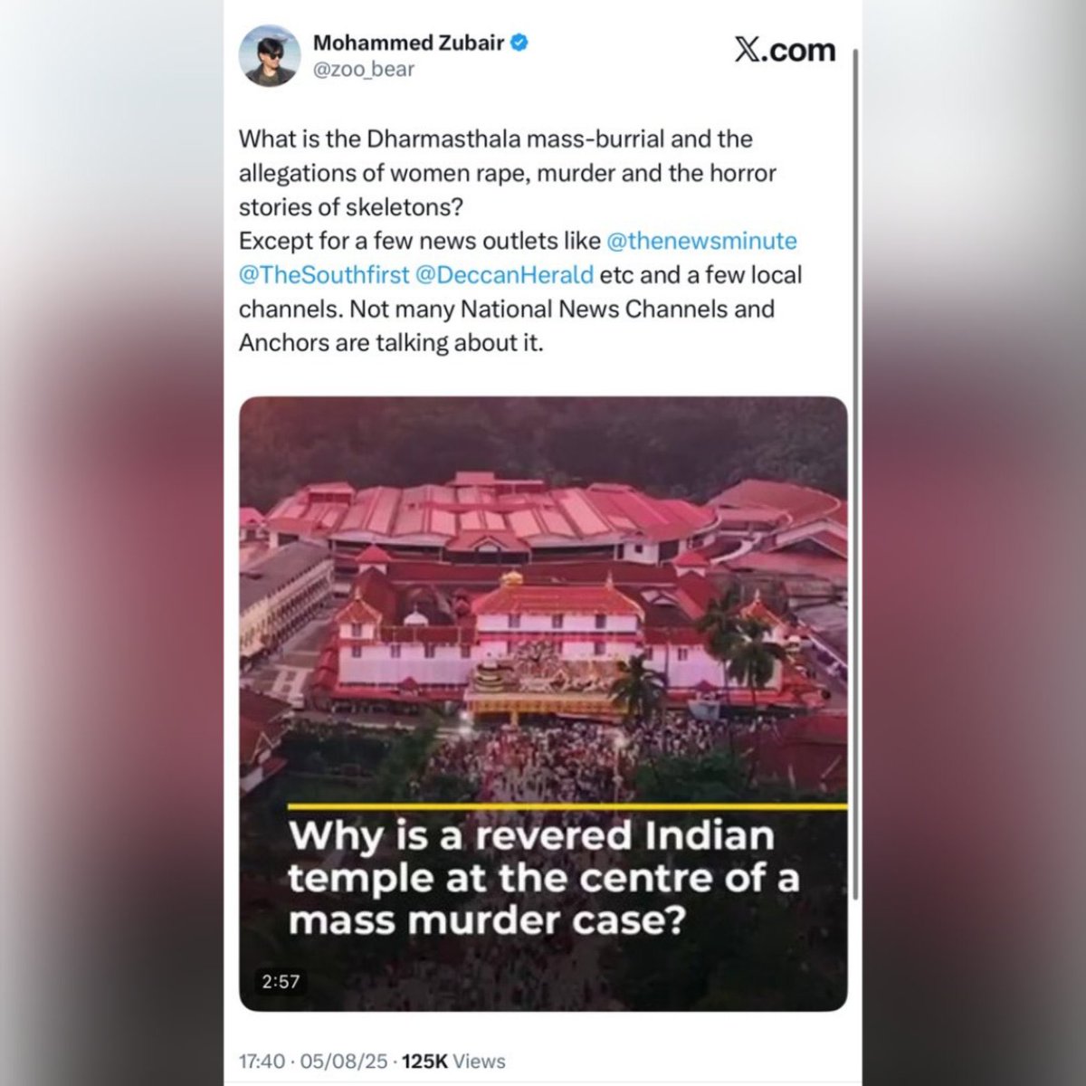 Nupur J Sharma (@unsubtledesi) on Twitter photo The whistleblower lied. All the digging by the government found nothing and now, the man who crafted the fake news about Dharamsthala has been arrested.
Jihadi <a href="/zoo_bear/">Mohammed Zubair</a> was keen to peddle this lie because the only defence of the indefensible, monstrous cult he belongs to, is The whistleblower lied. All the digging by the government found nothing and now, the man who crafted the fake news about Dharamsthala has been arrested.
Jihadi <a href="/zoo_bear/">Mohammed Zubair</a> was keen to peddle this lie because the only defence of the indefensible, monstrous cult he belongs to, is