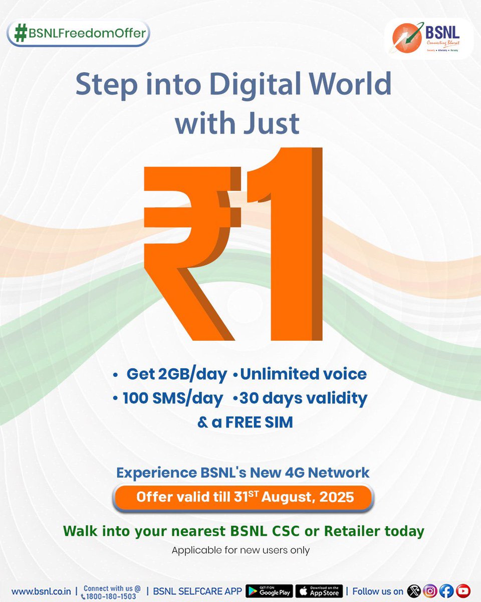 BSNLCorporate's tweet photo. BSNL ₹1 Freedom Offer - One Rupees, Endless Connectivity!

Unlimited calls, 2GB/day, 100 SMS/day &amp; free SIM for 30 days. Step into Digital world at just ₹1!

#BSNL #DigitalIndia #BSNLFreedomOffer #DigitalAzadi #ConnectingBharat https://t.co/vIwKnN2Oxa