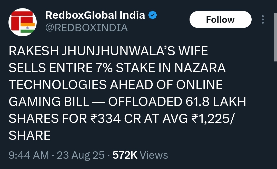 In a half functioning democracy, 

Both Jhunjhunwala's wife and IT Minister Ashwini Vaishnaw would be brought under the scanner&amp; investigated for Insider Trading. 

But most of India has stopped asking questions even when the crime is so obvious.