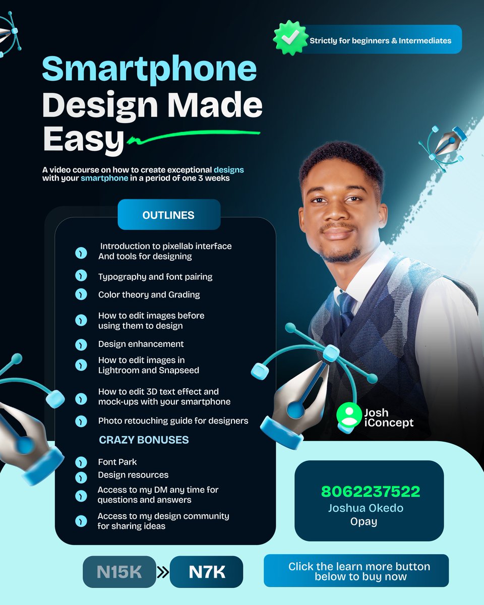 My graphic design full video course is still available 
You'll have access to both beginner and intermediate tutorial videos that can help you master some certain tools as a graphic designer 
Send me a dm to get the course 
Wa.me/+2348052998281
