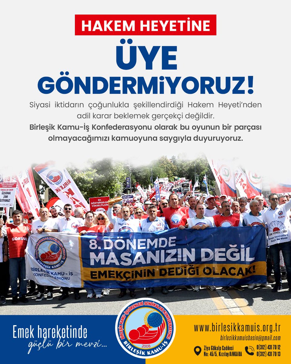HAKEM HEYETİ’NE ÜYE GÖNDERMİYORUZ!

Birleşik Kamu-İş Konfederasyonu olarak kamu emekçilerinin yıllardır yoksulluk sınırının altında bir yaşama mahkûm edildiğini defalarca dile getirdik. Her toplu sözleşme döneminde kamu emekçilerine dayatılan ve insanca yaşam koşullarını yok