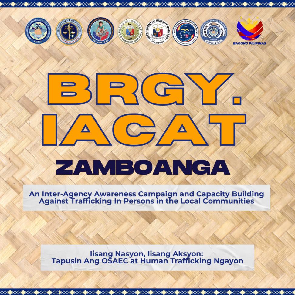 IACAT_PH's tweet image. Mga Zamboangueño! Paparating ang Barangay IACAT sa inyong lungsod Agosto 27–29, 2025! Sama-sama tayong kikilos laban sa human trafficking. Protektahan ang pamilya, magtulungan para sa ligtas na komunidad. 

 #IACAT #BrgyIACAT #BagongPilipinas
