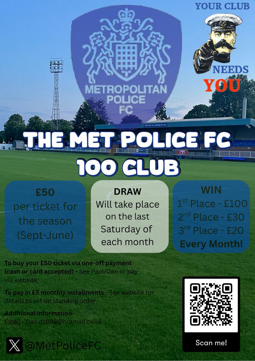 Met Police FC (@metpolicefc) on Twitter photo ๐ญ๐ฌ๐ฌ ๐๐๐จ๐ !!
๐จ๐ต๐ฐIntroducing the NEW 100 Club. Help support our club by entering the competition to win Monthly Cash prizes. See details below and posters around the ground for more info. <a href="/IsthmianLeague/">The Pitching In Isthmian League</a> <a href="/NonLeagueCrowd/">Non League Crowds</a> <a href="/NonLeaguePaper/">The Non-League Paper</a> #UpTheMet ๐ญ๐ฌ๐ฌ ๐๐๐จ๐ !!
๐จ๐ต๐ฐIntroducing the NEW 100 Club. Help support our club by entering the competition to win Monthly Cash prizes. See details below and posters around the ground for more info. <a href="/IsthmianLeague/">The Pitching In Isthmian League</a> <a href="/NonLeagueCrowd/">Non League Crowds</a> <a href="/NonLeaguePaper/">The Non-League Paper</a> #UpTheMet