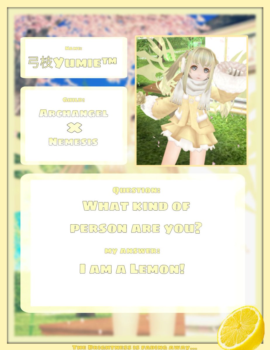 yumie_toram's tweet photo. Toram Profile — August Update!
-The Lemon misunderstood the question...
#ToramProfile
#ToramOnlineProfile
#ToramOnline
#Toram
#トーラム https://t.co/PzRB8lICHY