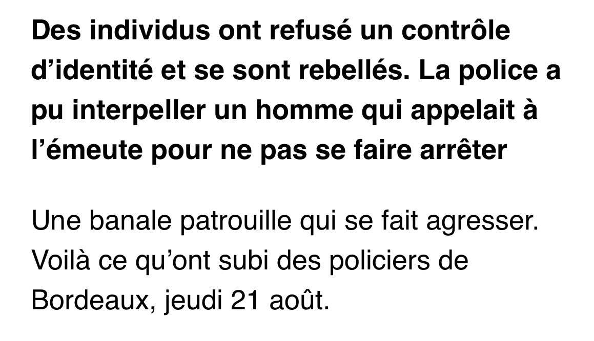 🔴 Insupportable !

Encore une agression de policiers à #Bordeaux : insultes, caillassages, appel à l’émeute lors d’un contrôle… un policier blessé. 

(😡 Et ça, juste après les mots de Pierre Hurmic sur Sud Radio : « Ce n’est pas vrai que la délinquance augmente ! »)

☠️ Le