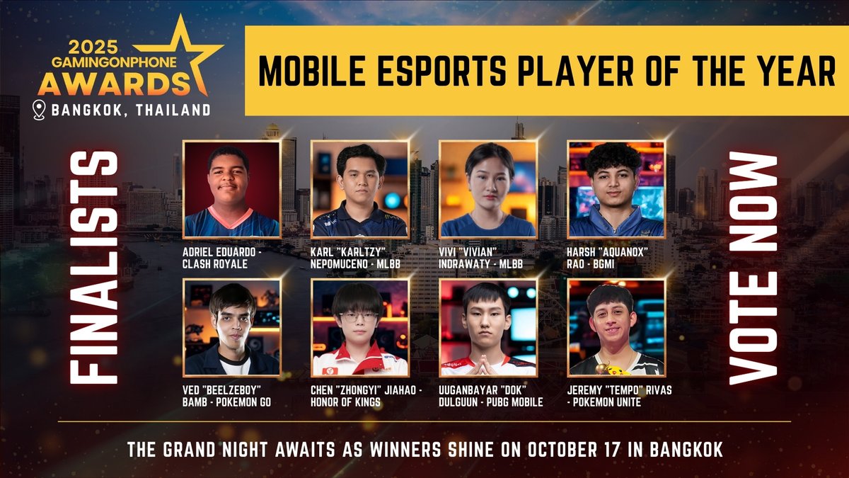 Presenting the finalists for the GamingonPhone Awards 2025 (17/30) 🎉

🏆 Mobile Esports Player Of The Year

🎖️ <a href="/AdrielEduardo11/">Adriel</a> – Clash Royale
🎖️ <a href="/KarlGabriel20/">KarlGabriel</a>  – MLBB
🎖️ <a href="/viviindrawaty/">Vivian</a>  – MLBB
🎖️ <a href="/aquanox_bgmi/">Harsh</a>  – BGMI
🎖️ <a href="/LyNTempo/">Tempo</a>  – Pokemon UNITE
🎖️ <a href="/_Beelzeboy/">reg</a>  – Pokemon Go