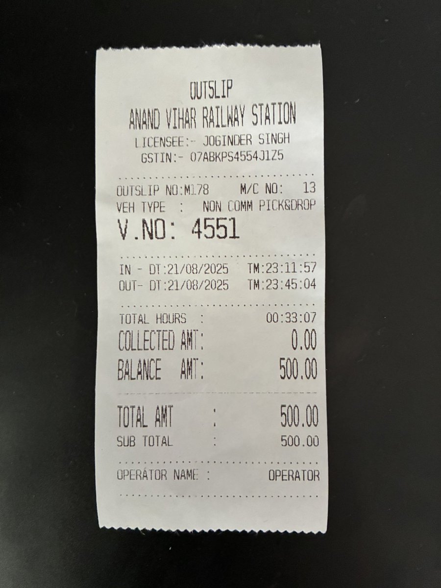 deepwaves's tweet photo. @ajeetbharti sir, Today I visited Anand Vihar railway station to pick up my parents. I parked my car in the official parking area, and the total duration was just 33 minutes.
To my surprise, I was charged ₹500 for parking.

This feels completely unjustified and exploitative. https://t.co/LWMJIHGFpG