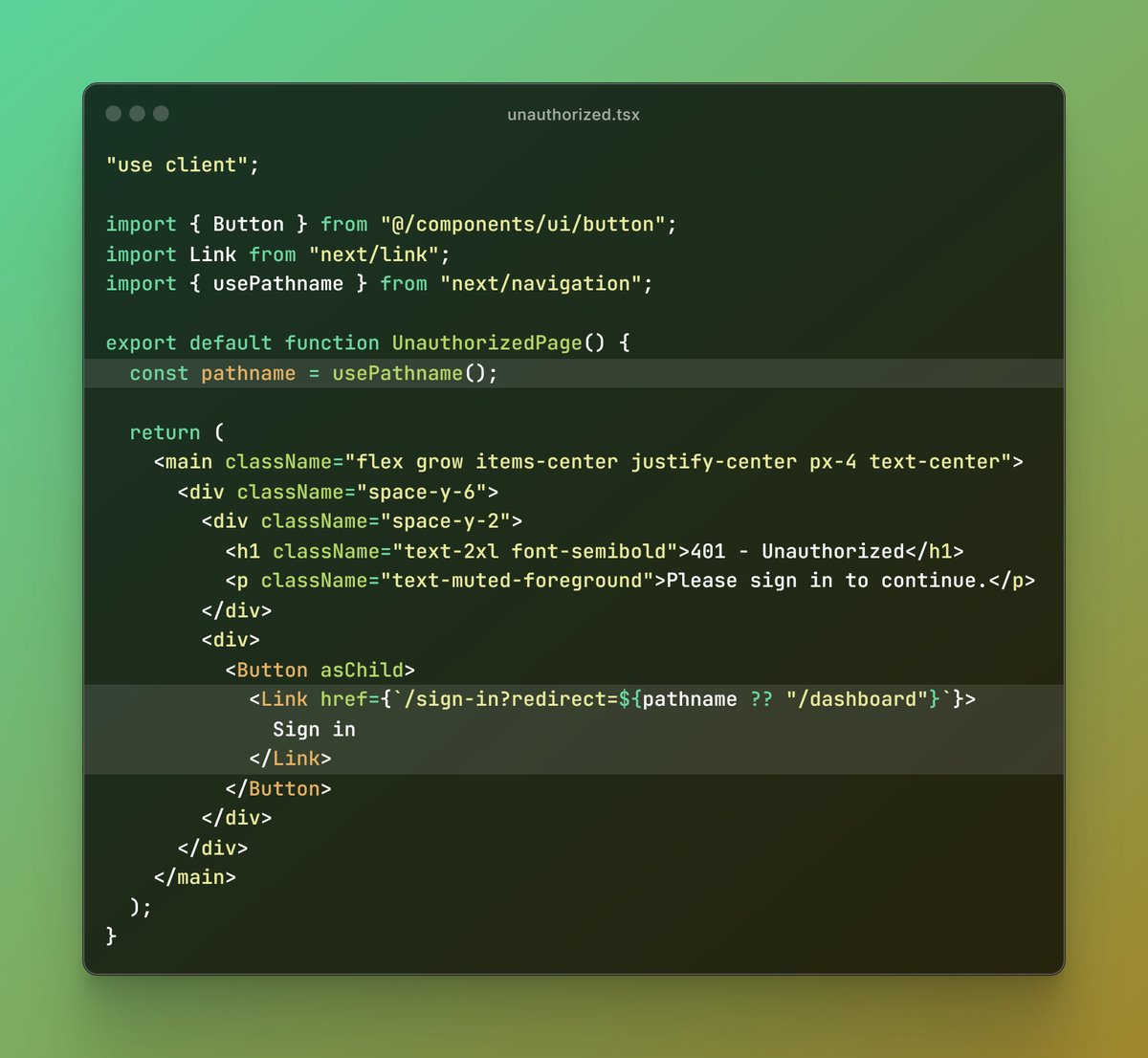 codinginflow's tweet image. A cool trick for unauthorized.tsx in Next.js:

You can make it a client component and read the current pathname. Then add that as a redirect param to the URL.

Read that param on your login page and redirect the user back to their target location.