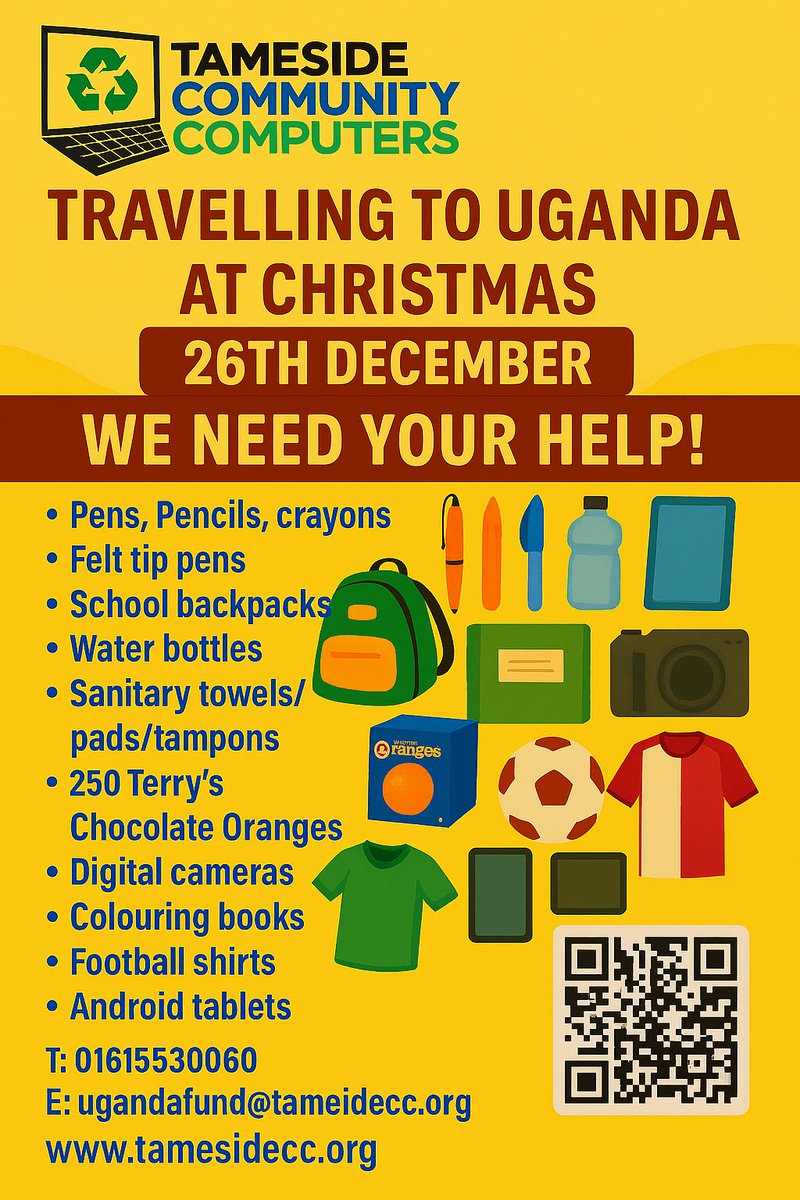 Join <a href="/TamesideCic/">Tameside Community Computers CIC</a> this December in their charity visit to us and Mbale. They are hoping to bring for us the listed items please 🙏 if you have any feel free to reach out to them so they can deliver to us <a href="/_CryptoBus/">Crypto Bus</a>
<a href="/RidgeLLP/">Ridge</a> <a href="/AlexFinnX/">Alex Finn</a> <a href="/banhmisaigon8/">🇺🇸Tom Nguyen $TSLA🇻🇳</a> <a href="/DogeHeadcoin/">Doge Head Coin</a>