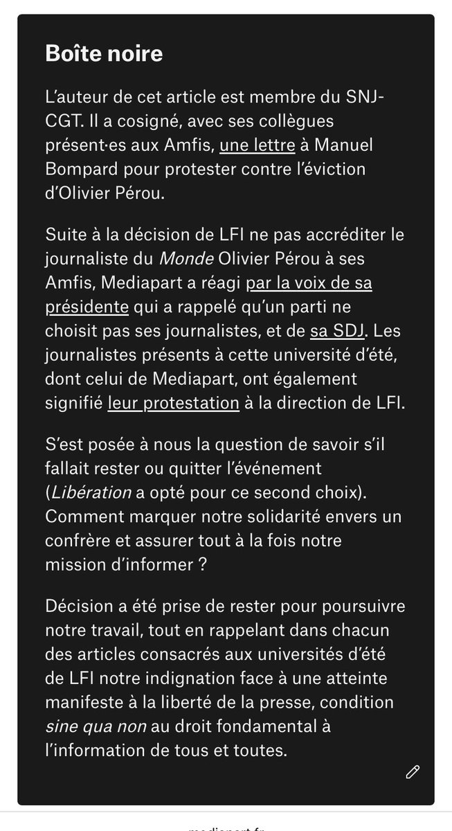 Solidaire d’Olivier Pérou <a href="/lemondefr/">Le Monde</a>, banni par LFI, <a href="/Mathieu2jean/">Mathieu Dejean</a> rappelle les attaques de <a href="/JLMelenchon/">Jean-Luc Mélenchon</a> contre <a href="/Mediapart/">Mediapart</a> qualifié de « torchon », d’« officine de la police et des juges » ou de « chien de garde zélé des basses besognes de la Macronie ».
[mediapart.fr/journal/politi…]