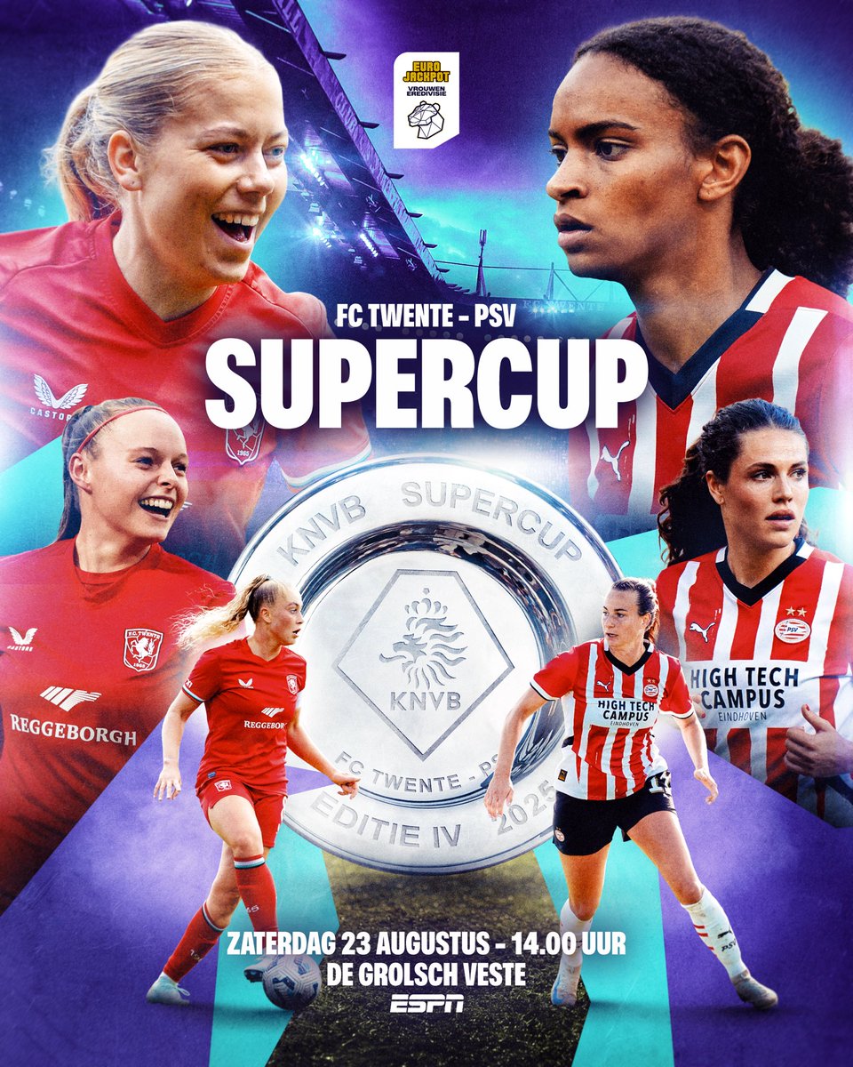 Tijd voor de 𝗦𝘂𝗽𝗲𝗿𝗰𝘂𝗽! 🏆

⚔️ FC Twente - PSV
🗓️ 23 augustus 2025
⌚ 14.00 uur
🏟️ De Grolsch Veste
📺 ESPN 1

#Supercup #EurojackpotVrouwenEredivisie
