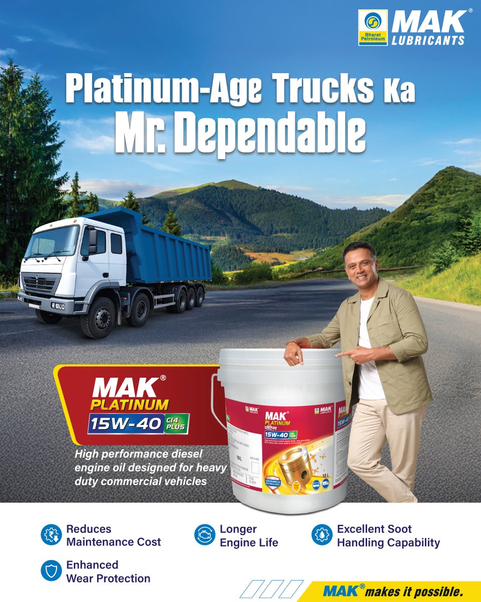 BPCLMakLubes's tweet image. A true fleet never stops, and neither should its protection.

MAK PLATINUM 15W-40 CI4 PLUS is a heavy-duty engine oil engineered to meet the toughest commercial demands, keeping maintenance costs low, controlling soot with ease, reducing wear, and extending engine life so you…