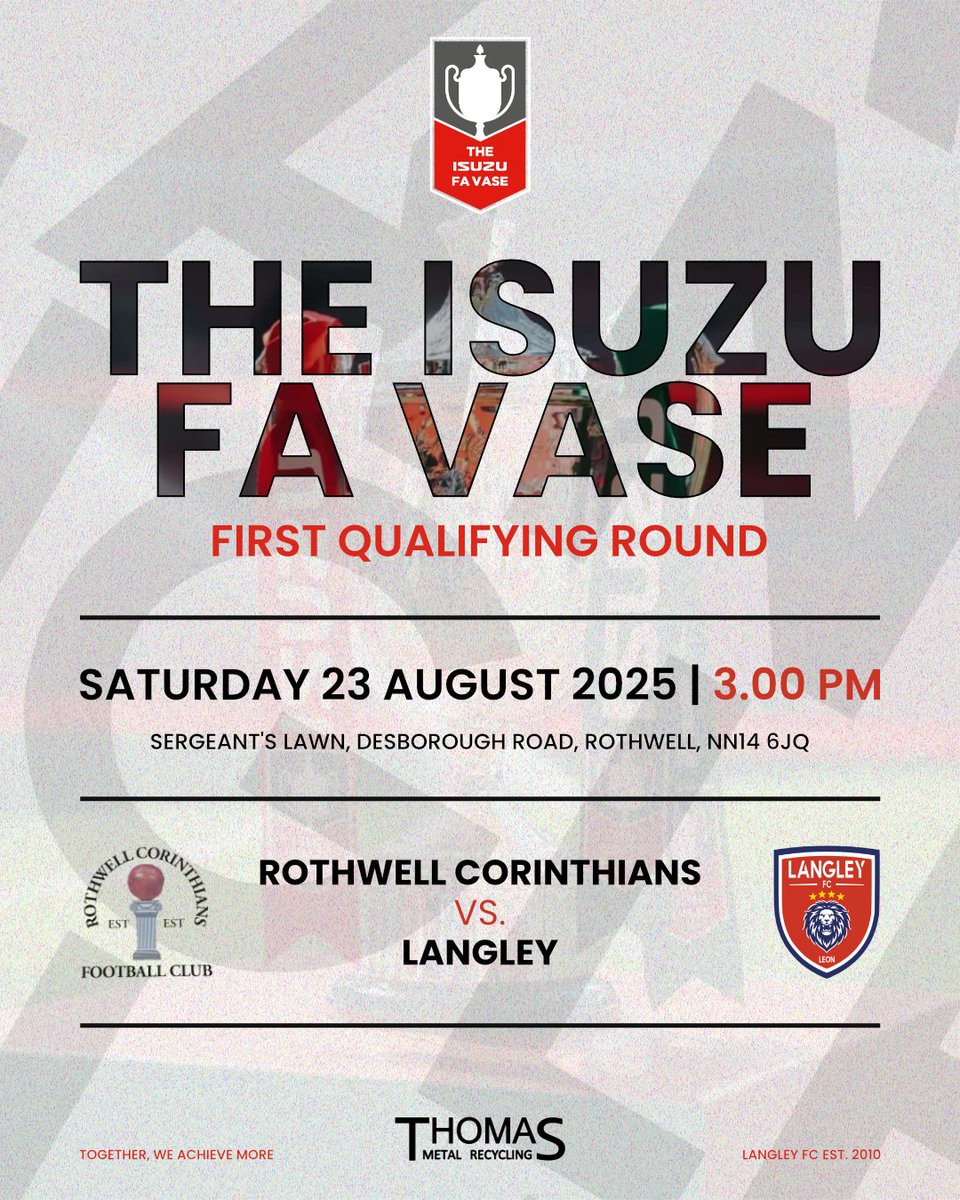 🚨 IT'S MATCHDAY!! 🚨

🏆 Isuzu FA Vase 1QR
🗓 Sat 23rd Aug
🕘 3.00 PM
🆚 <a href="/RothwellCFC/">Rothwell Corinthians</a>
🏟 Sergeant’s Lawn, Desborough Road, NN14 6JQ

#UTMM