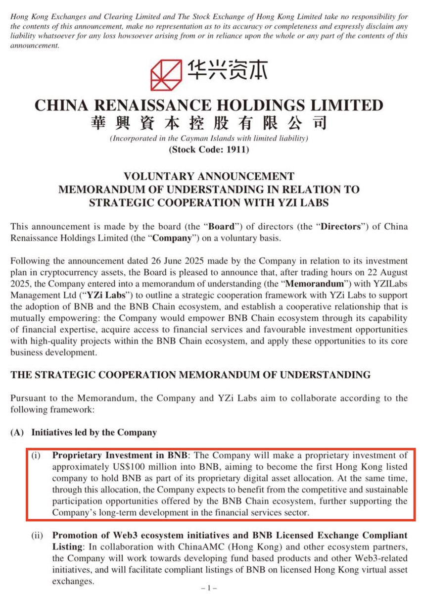 Big Development for BNB👇 🇨🇳China Renaissance, a Hong Kong-based firm, is  investing $100M in BNB and teaming up with YZi Labs (ex-Binance Labs).  Plans include fund-based products, RWA funds, exchange listings, &