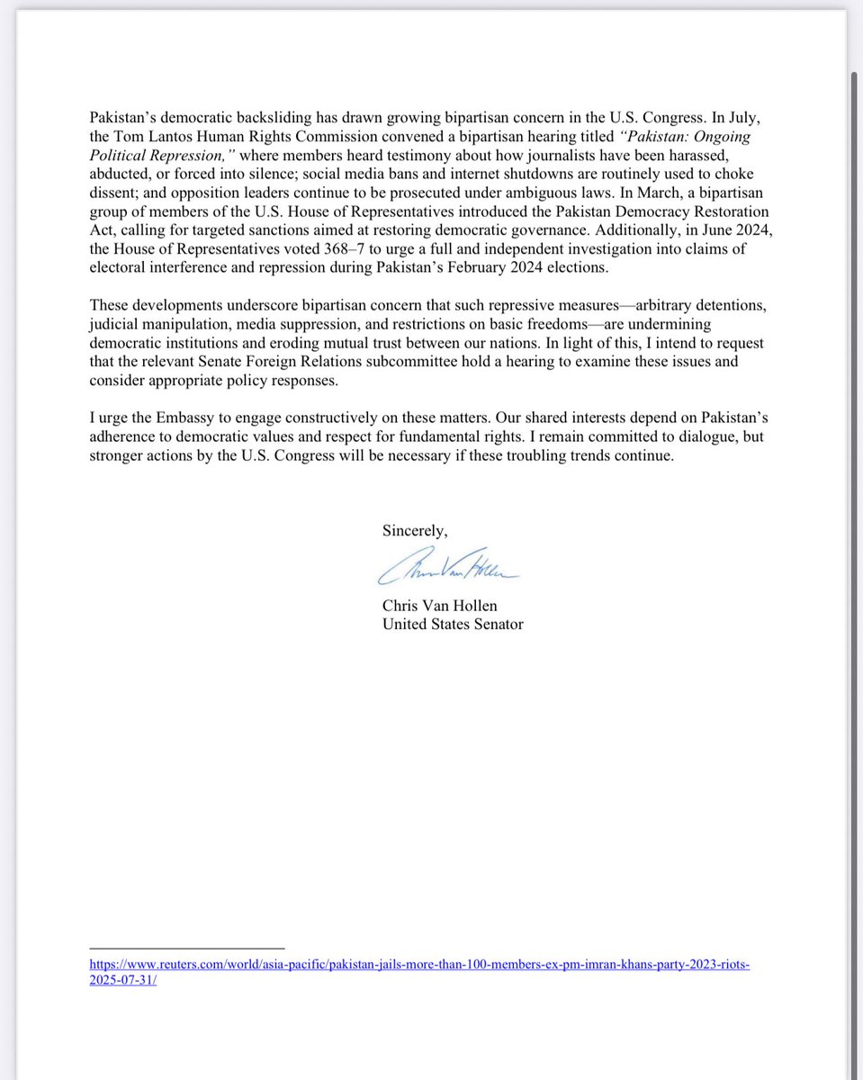 Dr. Shahbaz GiLL (@shabazgil) on Twitter photo I want to thank you, Senator Van Hollen, <a href="/ChrisVanHollen/">Senator Chris Van Hollen</a> for raising your voice for Mr. Imran Khan and highlighting human rights violations in Pakistan. Your letter to Ambassador Rizwan Saeed Sheikh on August 21, 2025, addresses the escalating crackdown on human rights, freedom I want to thank you, Senator Van Hollen, <a href="/ChrisVanHollen/">Senator Chris Van Hollen</a> for raising your voice for Mr. Imran Khan and highlighting human rights violations in Pakistan. Your letter to Ambassador Rizwan Saeed Sheikh on August 21, 2025, addresses the escalating crackdown on human rights, freedom