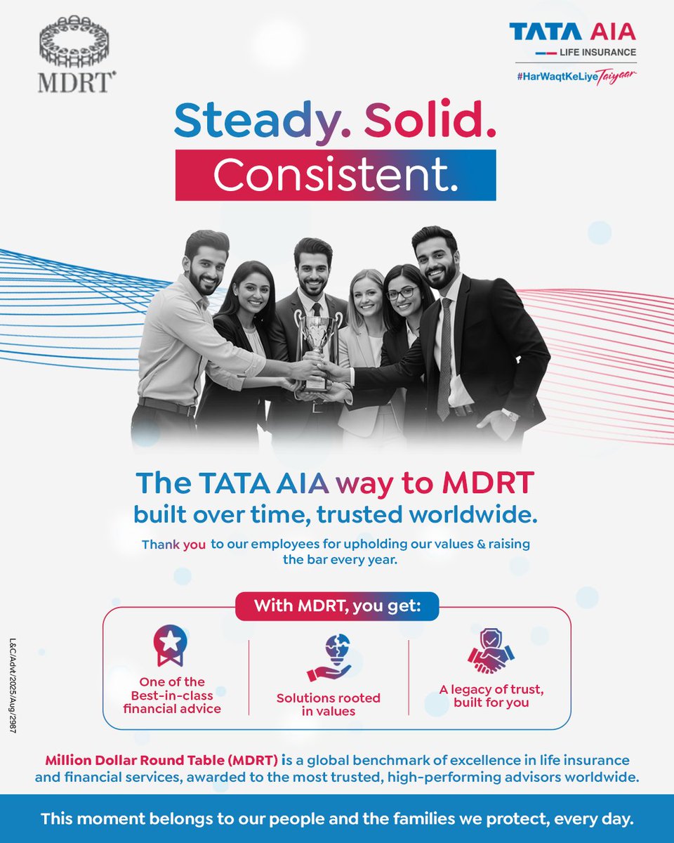 At Tata AIA, our MDRT journey isn’t just about awards; it’s about giving you and your family unwavering support, best-in-class advice, and solutions built to last. Because your future deserves nothing less than steady, solid, consistent protection.

T&amp;C apply: