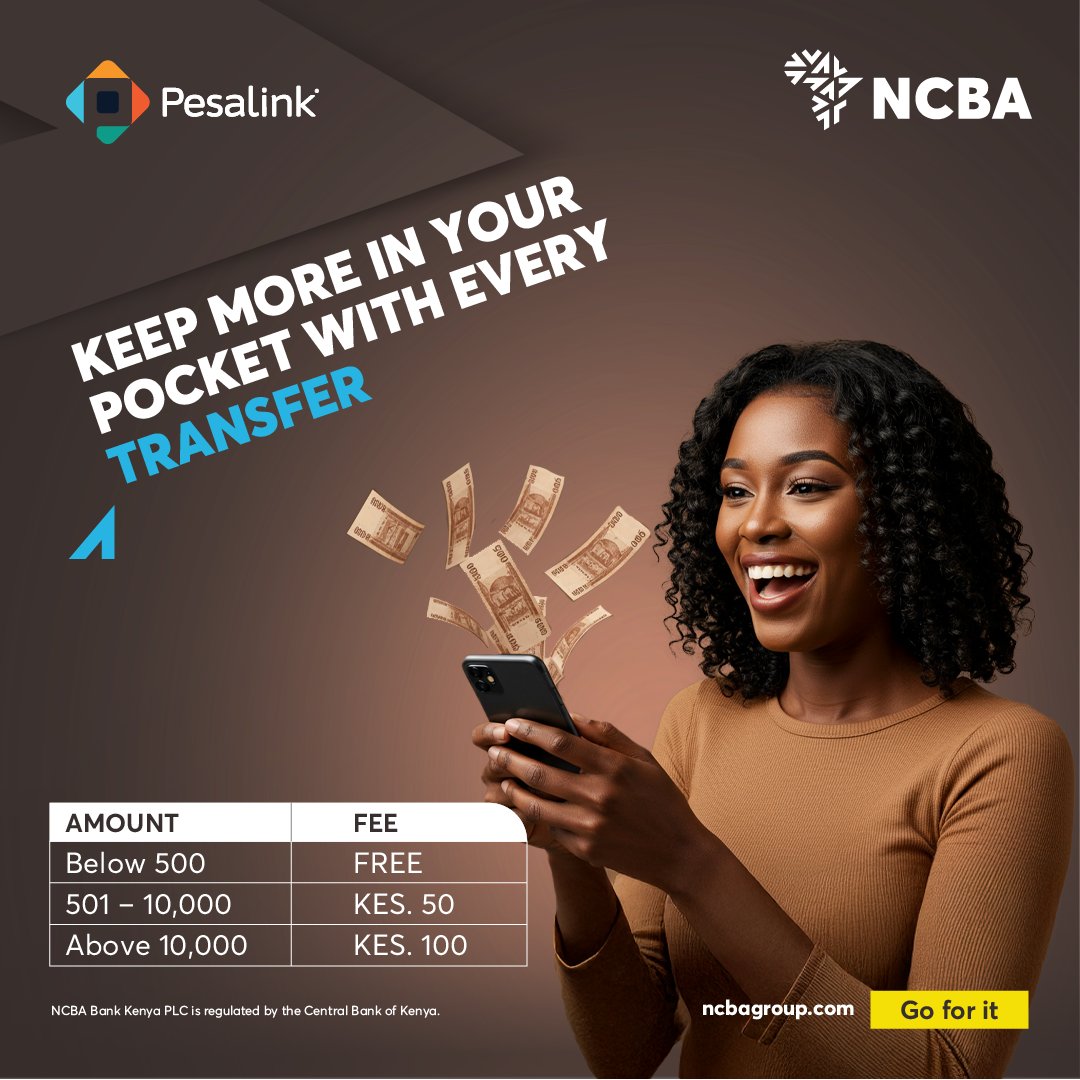 More money in your pocket! Transfer up to KES 999,999 instantly with Pesalink on the NCBA NOW App and save on fees. Secure, seamless, and convenient. Download the app today from the App Store or Google Play Store! 
#Goforit #NCBATwendeMbele