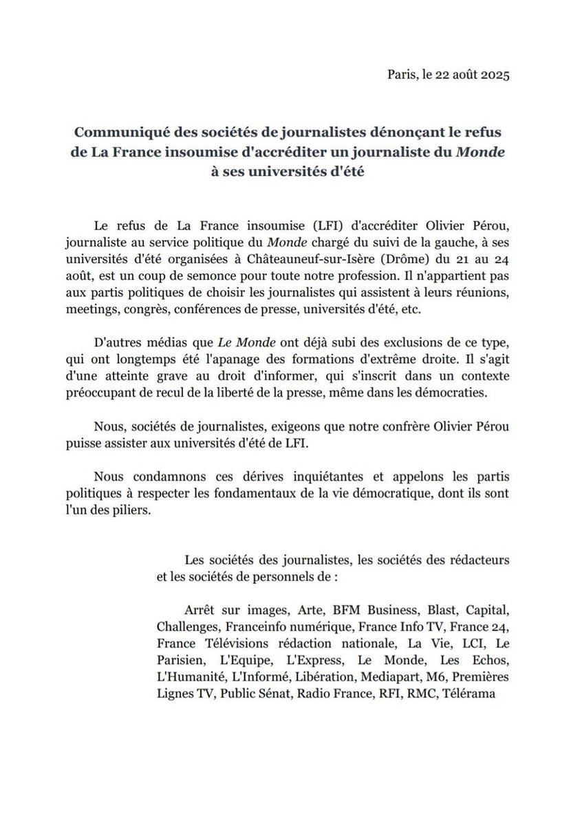 « Nous condamnons ces dérives inquiétantes et appelons les partis politiques à respecter les fondamentaux de la vie démocratique, dont ils sont l'un des piliers » : le communiqué commun de 28 sociétés de journalistes sur l’attaque de LFI contre la liberté de la presse.