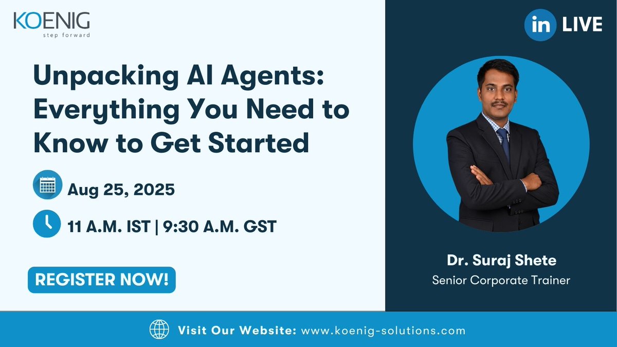 Join @koenigsolutions for a LinkedIn Live session on "Unpacking AI Agents: Everything You Need to Know to Get Started" with our subject expert.

Register now: linkedin.com/events/unpacki…

 #KoenigTraining #StepForward #GetCertified  #LinkedInLive