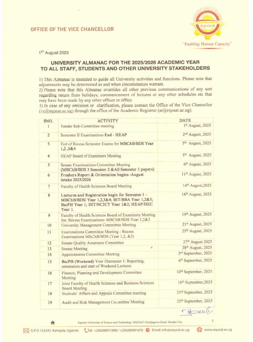 EQUSaT 2025/2026 Academic Calendar.

Follow the link below to download the EQUSaT Almanac. 
equsat.ac.ug/academic-calen…

#Almanac #EQUSaT