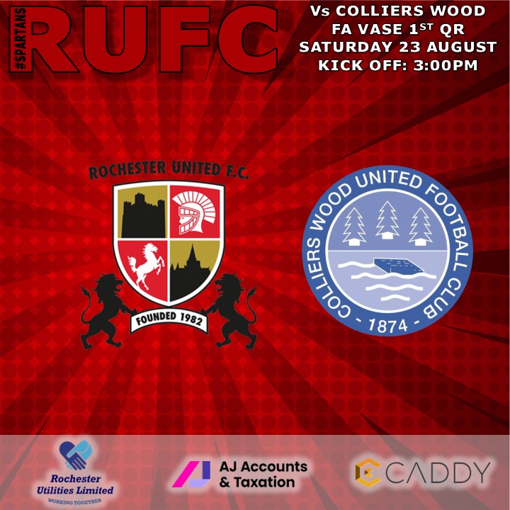 ⚽ MATCHDAY ⚽

Time for some FA Vase action! We welcome Colliers Wood United to the Rochester Utilities Stadium today 👇

🆚 <a href="/wood_utd/">Colliers Wood United FC</a>
🗓️ 23/8/25
🏆 <a href="/thefavase/">TheFaVase</a>
⏰ KO 3:00pm
📍 Rochester Utilities Stadium, ME2 3TU
🎟️ £8 (£5 Conc / £1 U18)
🍻 &amp; 🍔 Available

🔴⚫ #Spartans